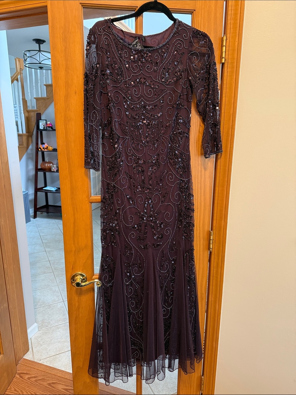 Pisarro Nights Beaded Plum Long-Sleeve Evening Gown